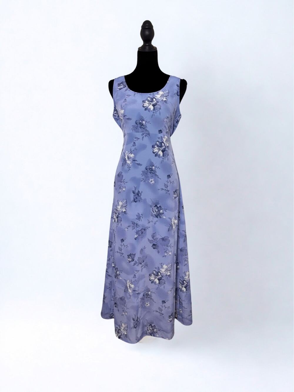 Vtg Y2K Fashion Bug Blue White Floral Print Sleeveless Tieback Maxi Dress